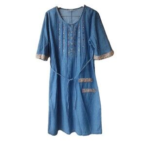 Vintage 90s Denim Dress With Floral Print Trim Size XL